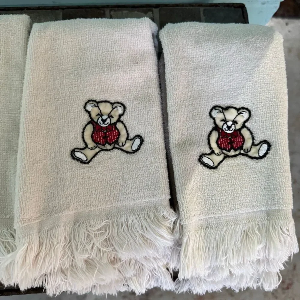 Vintage Teddy Bear Cream Hand or Dish Towels Set of 4